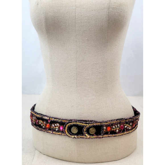 Vintage Ibisco Hand Beaded Fabric Belt Made In India Sequin Boho Women's Size L - Picture 1 of 13